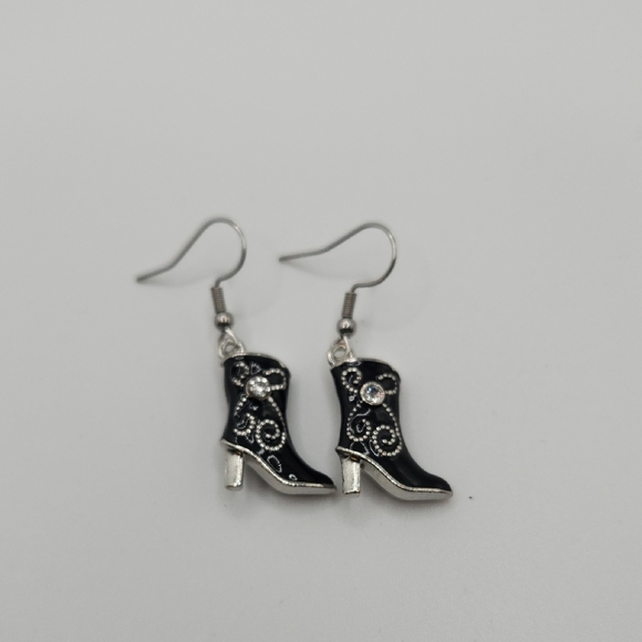 Jewelry - Handmade Black Silver Western Boot Rhinestone Dangle Earrings